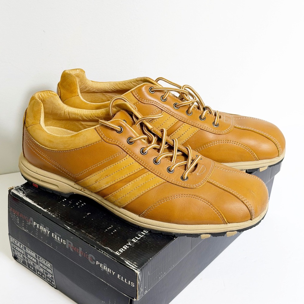 Perry Ellis Zoom Sneakers Mens 13 Mustard Leather Low Top Casual Shoes 172033